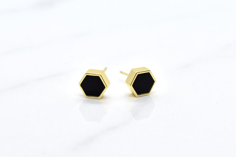 Black Hexagon Stud Earrings, Minimal Earring Stud Set Hexagon Shape, Black Minimal Geometric Studs Gold image 1
