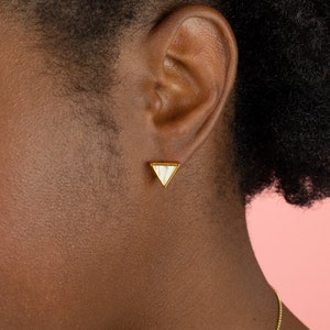 White Quartz Stud Earrings Set Gold Triangles, White Marble Triangle Earring Stud Minimal for April Birthday Gift image 4