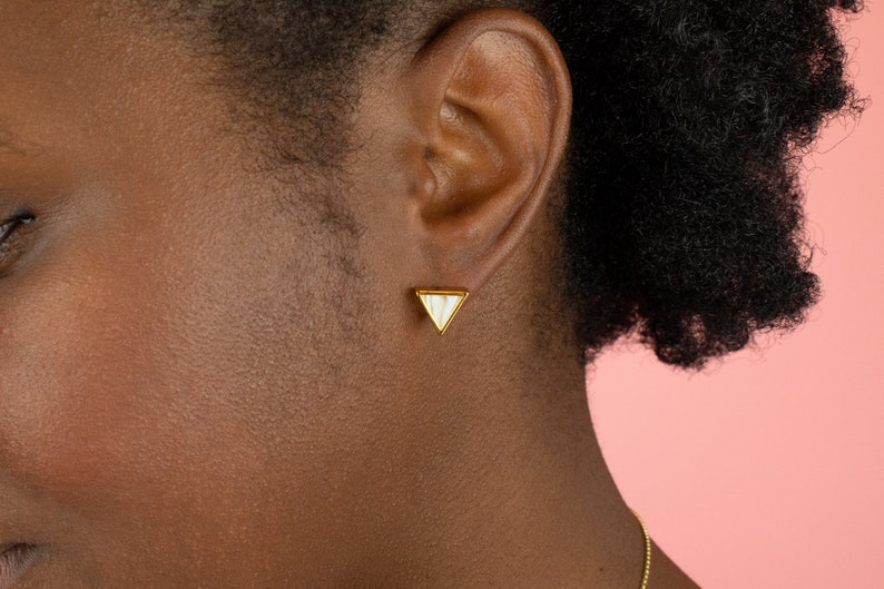 White Quartz Stud Earrings Set Gold Triangles, White Marble Triangle Earring Stud Minimal for April Birthday Gift image 4