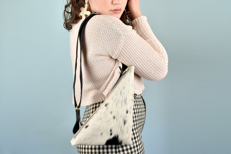 Leather Sling Crossbody Bag, Triangle Bag Clutch in Black and White Hair-on-Hide Leather image 9