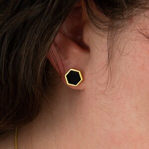 Black Hexagon Stud Earrings, Minimal Earring Stud Set Hexagon Shape, Black Minimal Geometric Studs Gold image 4