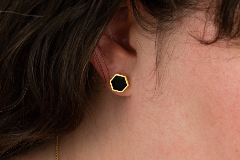 Black Hexagon Stud Earrings, Minimal Earring Stud Set Hexagon Shape, Black Minimal Geometric Studs Gold image 4