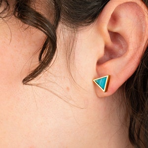 Aquamarine Earrings in Triangle Shape Marble Clay, Gold Triangle Aquamarine Stud Earring Set image 4