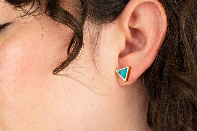 Aquamarine Earrings in Triangle Shape Marble Clay, Gold Triangle Aquamarine Stud Earring Set image 4