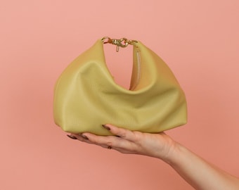 Leather Baguette Bag, Soft Leather Crescent Shoulder Bag in Pistachio Leather