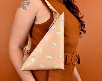 Cute Leather Sling Bag, Triangle Wristlet Clutch in Hand Painted Veg Tan Leather with Adjustable Strap