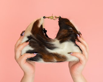 Leather Cowhide Handbag, Pony Hair Bag in Dark Tricolor Cow Print Genuine Leather