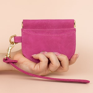 Estojo para cartão de couro rosa, carteira compacta em couro nobuck rosa Barbie