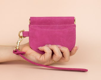 Pink Leather Card Case, Compact Wallet in Barbie Pink Nubuck Leather