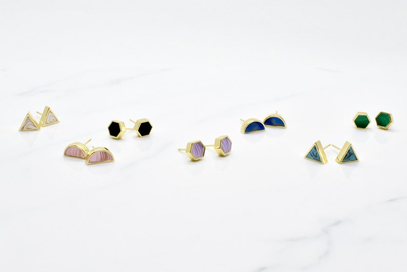 White Quartz Stud Earrings Set Gold Triangles, White Marble Triangle Earring Stud Minimal for April Birthday Gift image 9