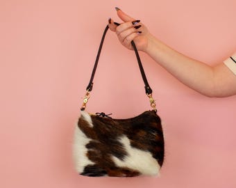 Genuine Leather Cowhide Handbag, Calf Hair Bag in Dark Tricolor Cow Print