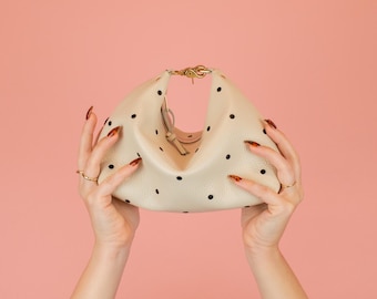 Polka Dot Handbag Leather, Cute Leather Shoulder Bag in Polka Dot