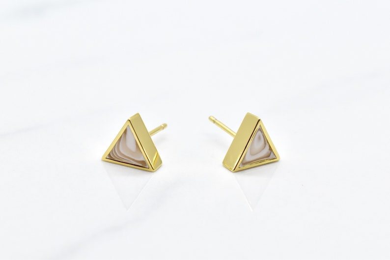 White Quartz Stud Earrings Set Gold Triangles, White Marble Triangle Earring Stud Minimal for April Birthday Gift image 1
