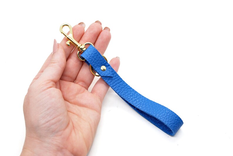 Leather Wristlet Keychain in Matisse Blue Leather, Minimal Keychain Wristlet Strap, 3rd Anniversary Gift Leather image 2