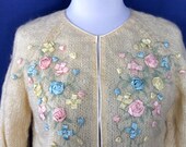 50s pastel beaded mohair cardigan sweater womens size medium