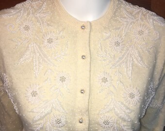 Vtg 50s beaded lambswool/ angora cardigan sweater misses / woman's size large