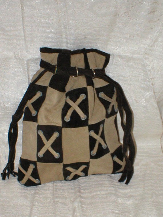 Vtg 60s brown suede / leather patchwork purse han… - image 3