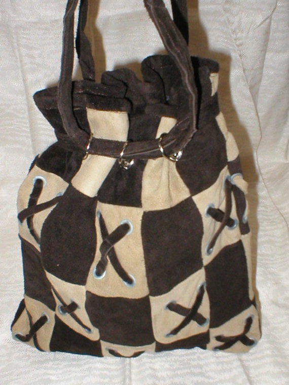 Vtg 60s brown suede / leather patchwork purse han… - image 1