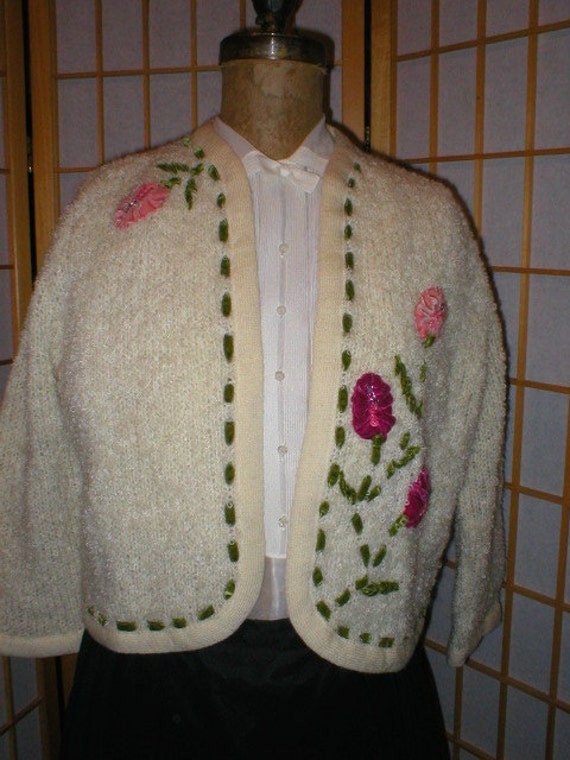 Vtg 50s wool boucle cardigan floral appliqué by R… - image 2