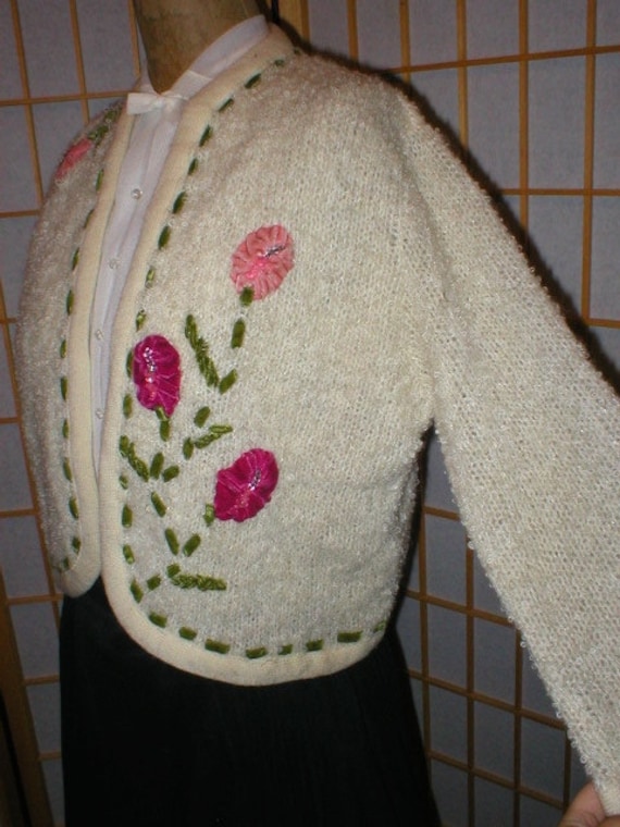 Vtg 50s wool boucle cardigan floral appliqué by R… - image 3