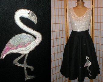 VTG 50s wool felt circle skirt with sequin flamingo womens size medium