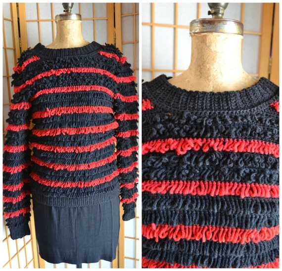 Vtg 80s black / red crotchet shag sweater womens … - image 2