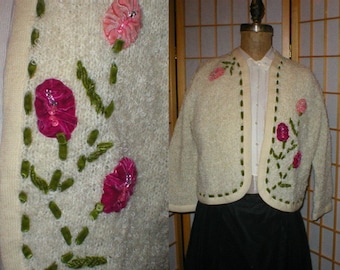 Vtg 50s wool boucle cardigan floral appliqué by Rosanna womens size medium large