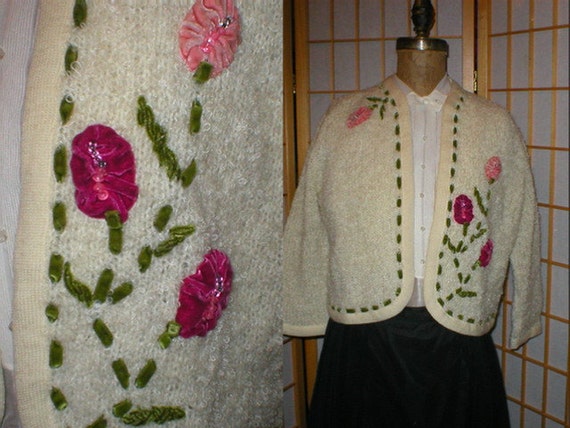 Vtg 50s wool boucle cardigan floral appliqué by R… - image 1