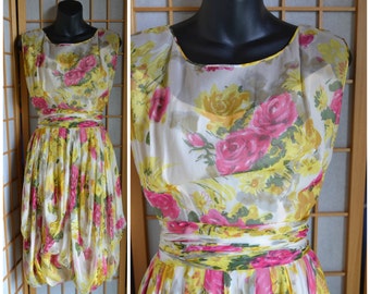 Vtg 50s silk floral garden party dress size xsmall / small