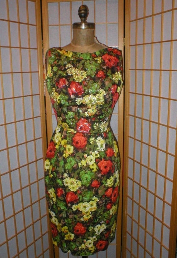 Vtg 60s floral print sheath dress womens size med… - image 2