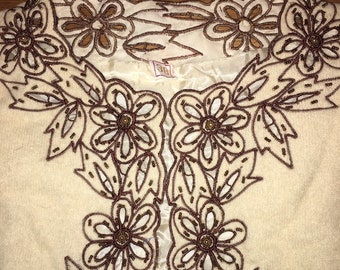 Vtg 50s pin-up cut out beaded angora cardigan sweater woman's size medium / large