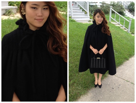 60s mod black mohair wool cape caplet wrap