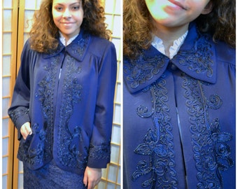 Vtg 40s FABULOUS Hollywood blue beaded wool gabardine swing coat / jacket womens size medium