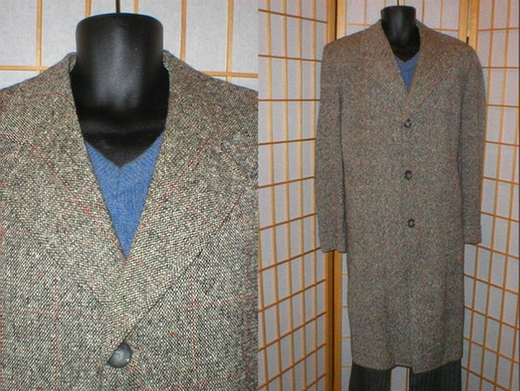 Vtg 50s grey red wool tweed overcoat mens size xla