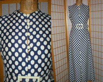 Vtg 70s blue white polka dot maxi dress womens size large