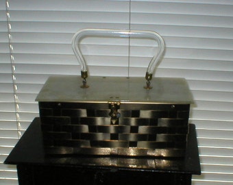 50s Woven Metal Lucite Box Purse Hand Bag