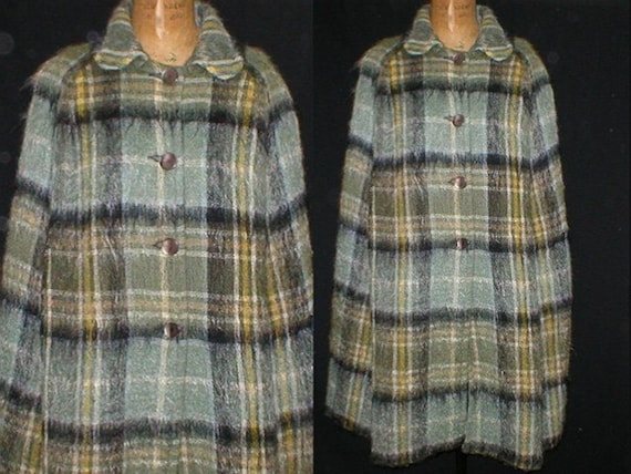 Vtg 80s Irish Scottish Plaid Mohair Wool Cape