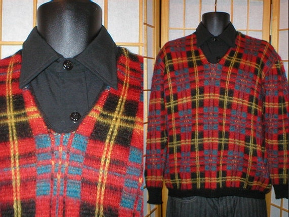 Vtg 50s plaid mohair v neck pullover sweater mens