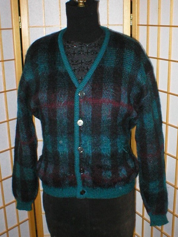 Vtg 50s Plaid Mohair Cardigan Sweater Size Mens La