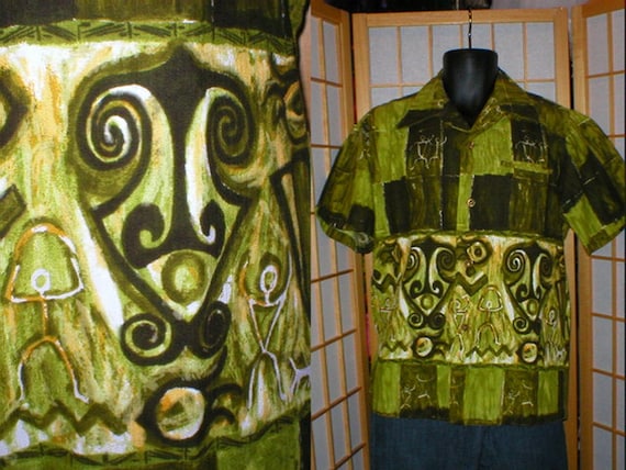 Vintage 50s / 60s green hawaiian print shirt mens… - image 1