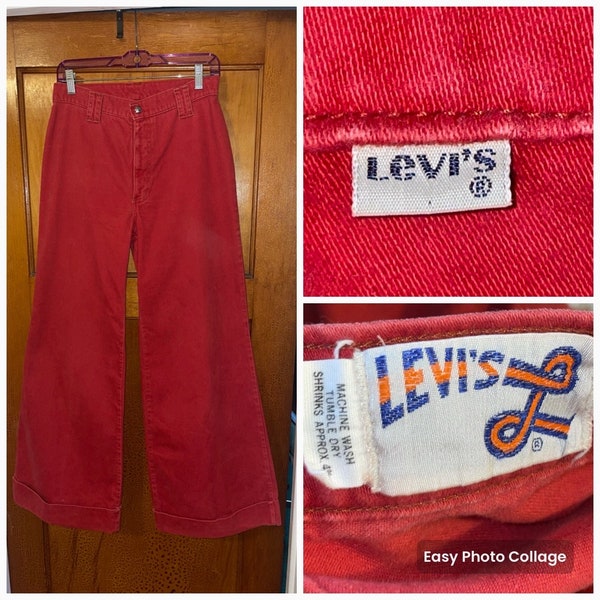 Vtg 70s Levi’s deep orange brushed cotton denim  bellbottom high waisted jean pants Women’s size medium/ Large (30” waist)