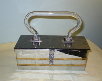 Vtg 50s lucite / woven metal handbag / box purse