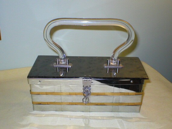 Vtg 50s lucite / woven metal handbag / box purse