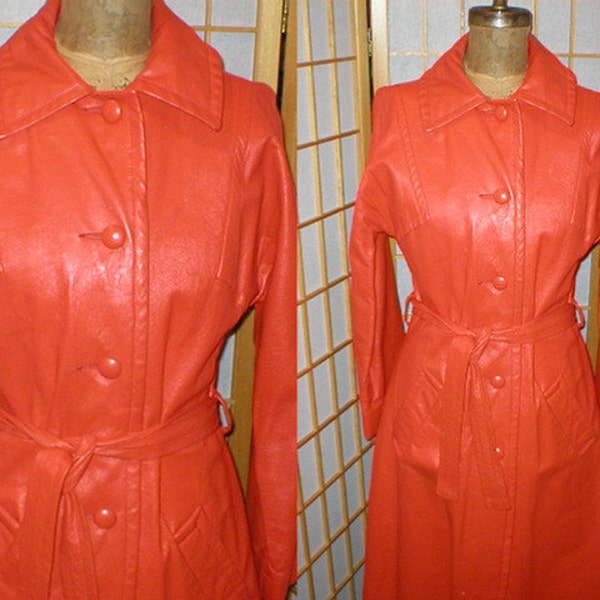 70s orange leather trench coat womens size medium / large