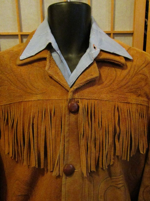 VTG 60s suede tooled fringed  jacket mens size me… - image 2