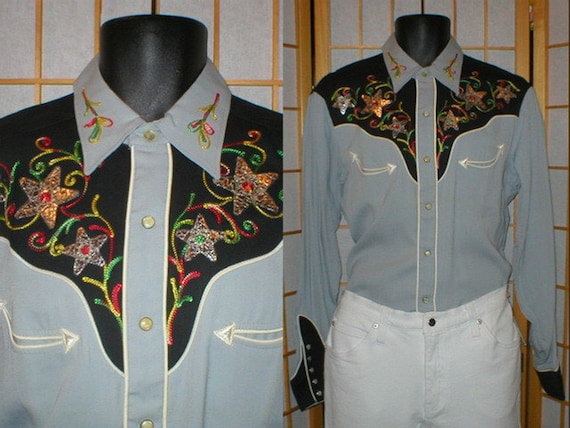 Vtg 50s H Bar C rayon gabardine western shirt mens