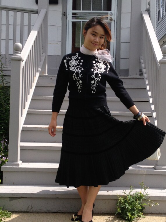 Vtg 50s black pleated taffeta skirt womens size s… - image 3