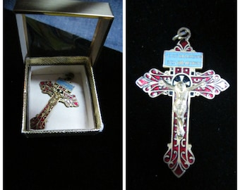 Vtg 50s red / gold enamel crucifix pendant
