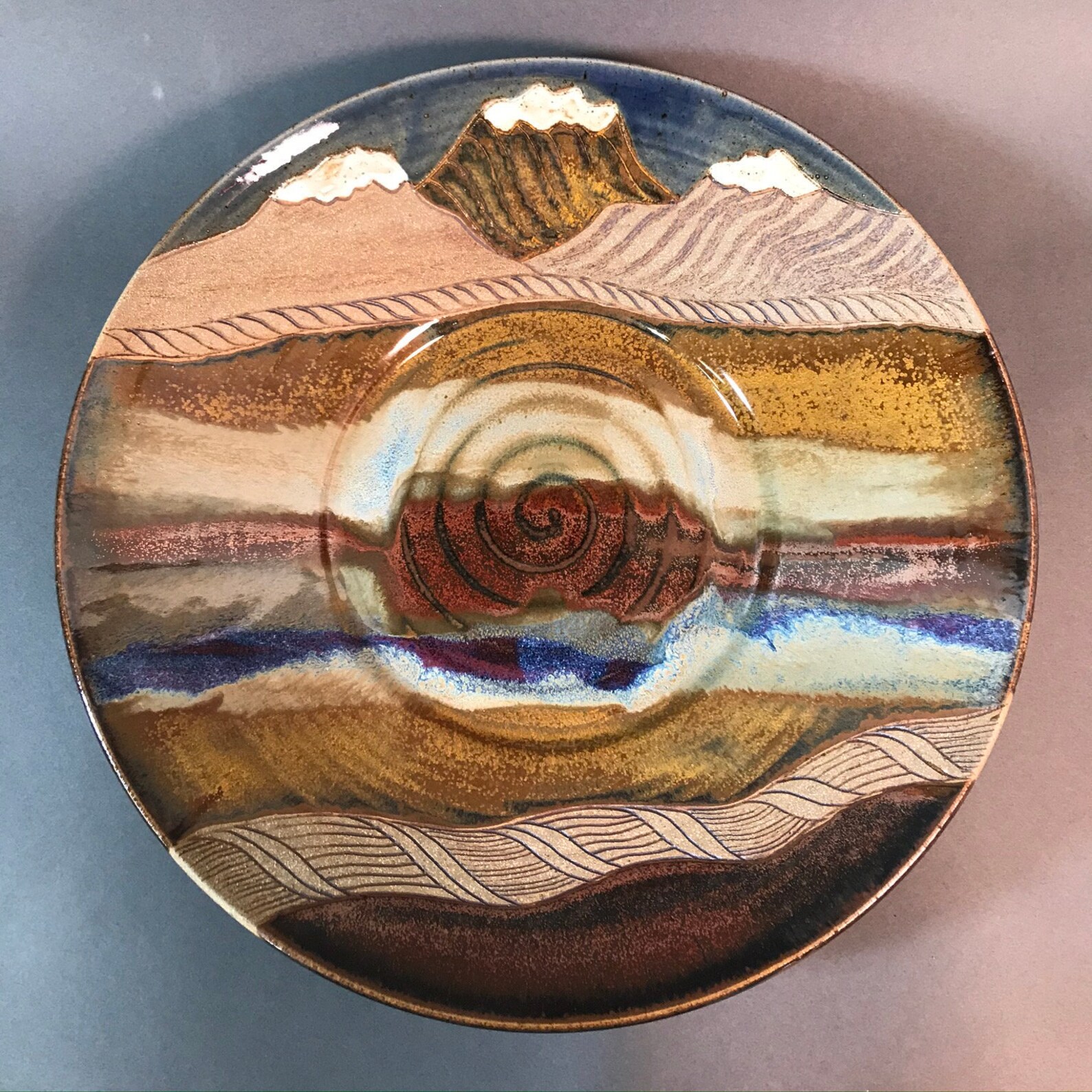 Pottery Plate with Mountain Scene Shallow Bowl Ceramic Wall Etsy