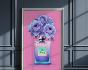 Pop Art Perfume Bottle Print: Love Yourself, Floral Bouquet (Digital Download)